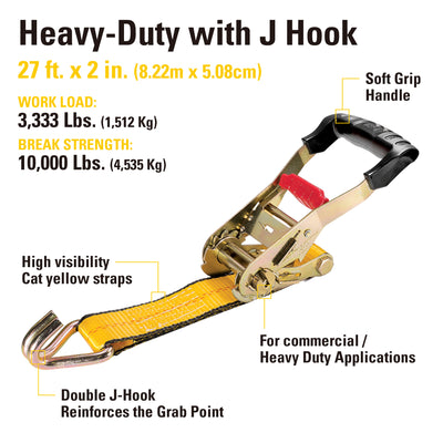 Heavy Duty Ratchet Tie Down with Double J-Hook - 27 Feet x 2 Inches (3300/10000)