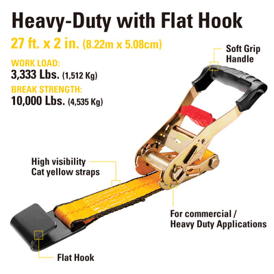 Heavy Duty Ratchet Tie Down with Flat Hook - 27 Feet x 2 Inches (3300/10000)