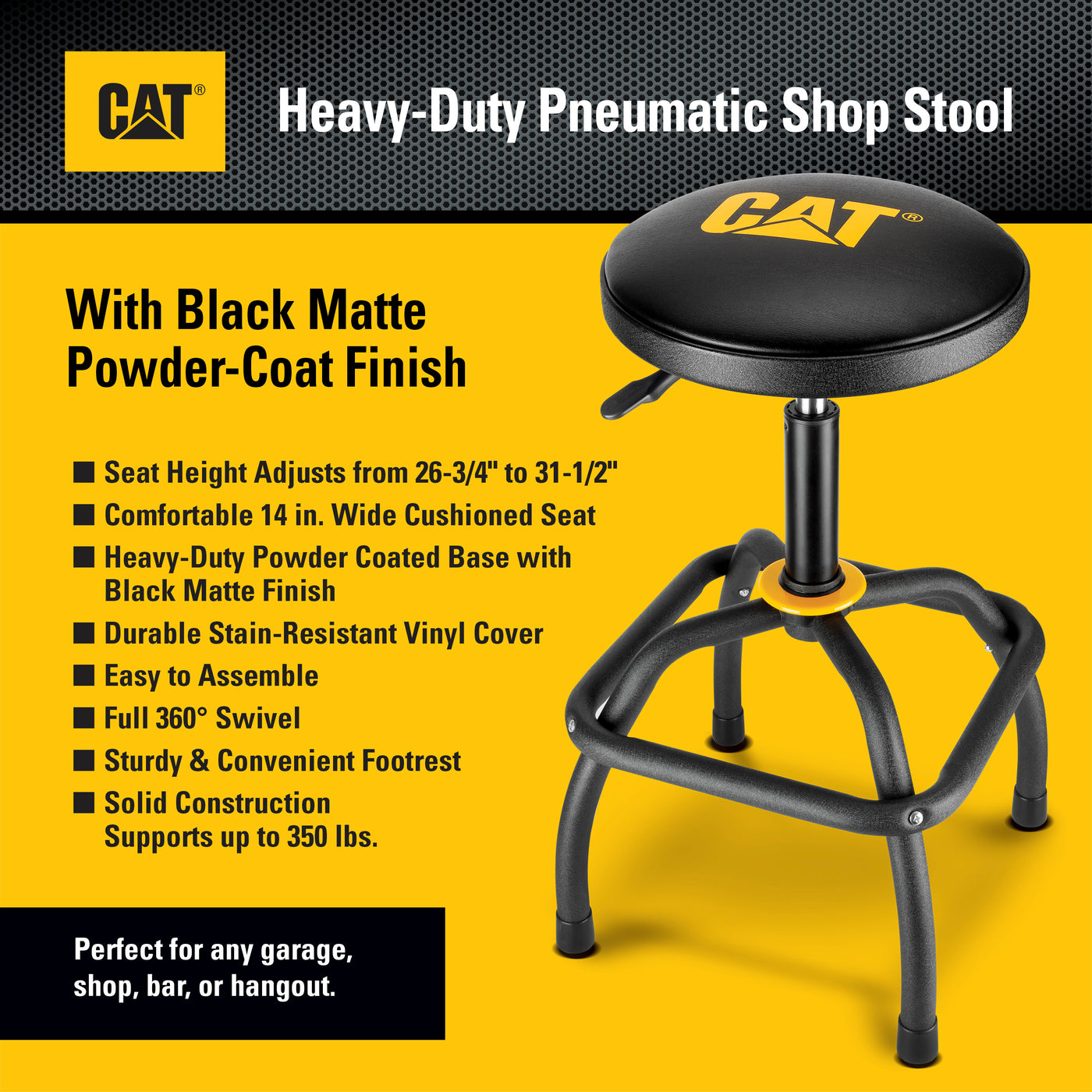 Heavy-Duty Pneumatic Shop Stool, Wrinkle Powder Coat Finish