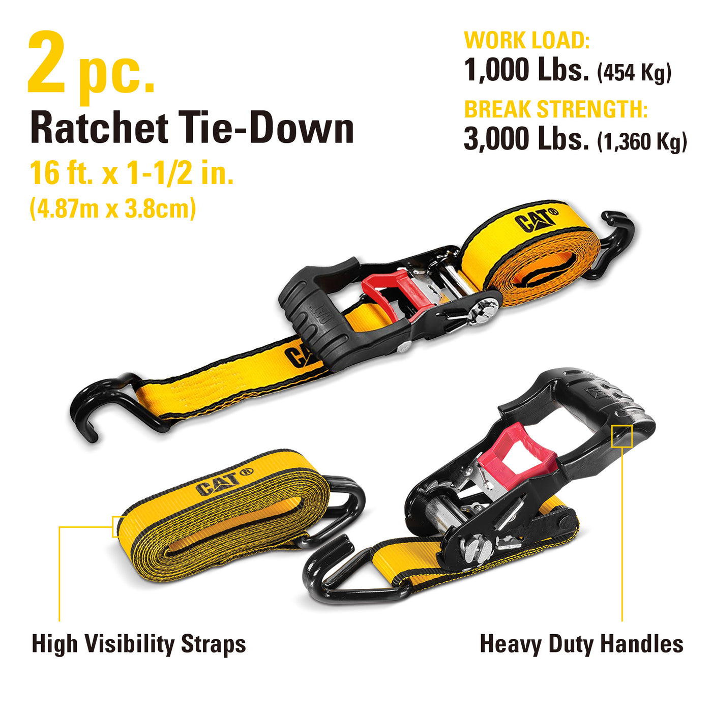 2 Piece 16 Ft. Heavy Duty Ratcheting Tie Down Straps - 1000 Lb. – Cat  Premium Products